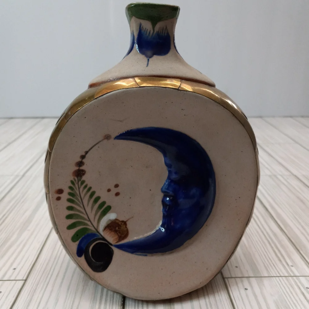 Vintage Mexican Tonala Hand Painted Pottery Sun & Moon Folk Art Brass Vase
